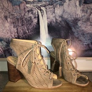 Beige lace up cut out heels Jessica Simpson
